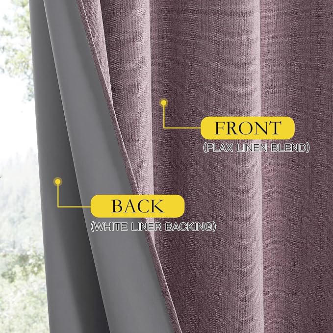 NICETOWN Chaise Mauve Vintage Linen 100% Blackout Curtains for Living Room, Thermal Insulated Curtains 63" Long, Noise Reducing Window Treatment Drapes for Hall Room, 52" Wide Per Panel, Set of 2