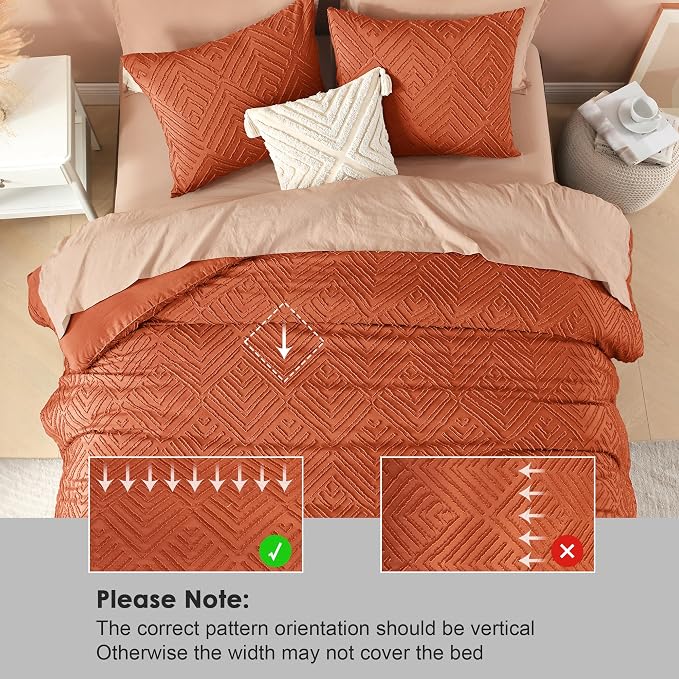 Litanika California King Comforter Set, 3 Pcs Tufted Boho Bedding Set | Terracotta Farmhouse Shabby Chic Vintage Bohemian Textured Aesthetic Soft Fluffy Lightweight Breathable All Season Bed Set