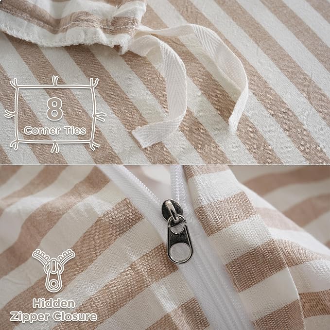 TOCOMOA Brown Striped Duvet Cover Set 100% Washed Cotton Like Linen, King | Linen-Like Feel Soft, Breathable & Comfy for All Season. Lightweight Bedding Set with Zipper & 8 Ties. 3 Pcs, No Insert