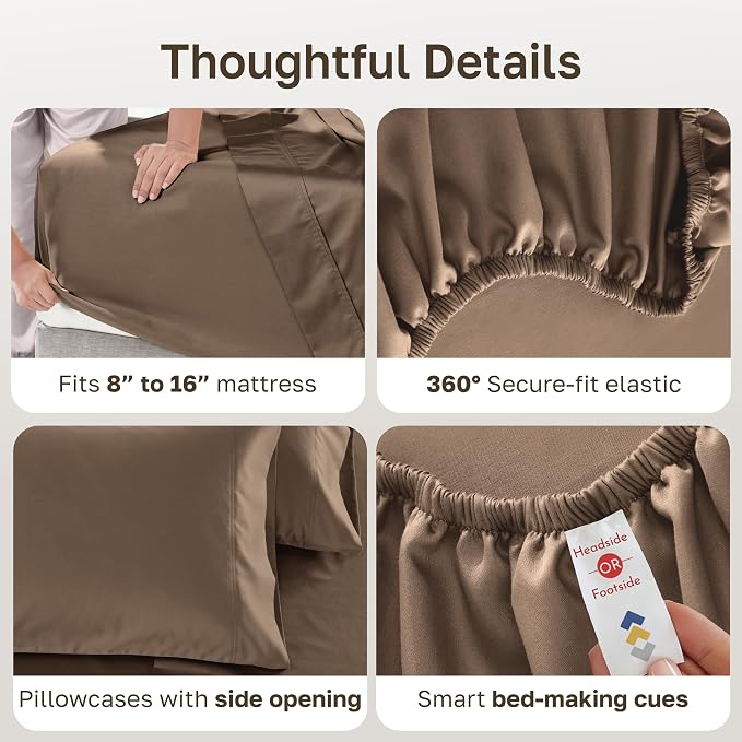 California Design Den Luxury 600 Thread Count King Bed Sheet Set, Mocha | 100% Cotton Sateen Backed by Good Housekeeping Seal, Soft & Smooth, 16" Deep Pocket, All-Around Elastic, Durable, Easy Care