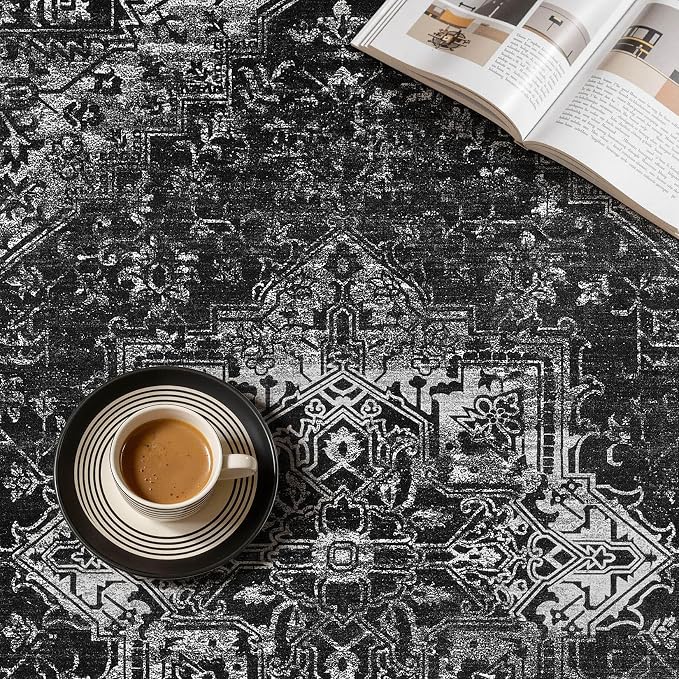 UERMEI 8x10 Area Rug Living Room Rugs - Washable Vintage Soft Large Rug Indoor Floor No Slip Rug Carpet for Bedroom Farmhouse Under Dining Table Home Office Decor - Black