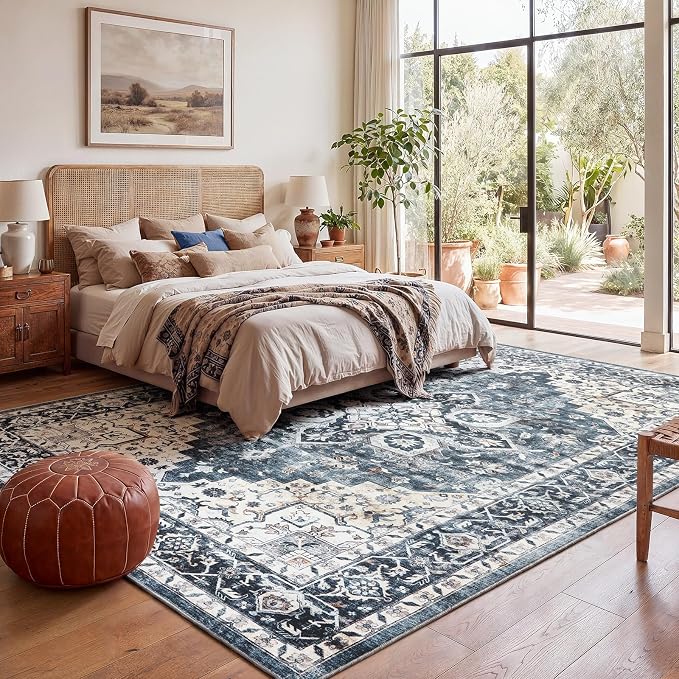 AMADA HOMEFURNISHING 9x12 Washable Area Rug, Low-Profile Large Area Rug with Non-Slip Backing & Durable Edge Binding, Vintage Large Rugs for Living Room, Bedroom & Dinning Room