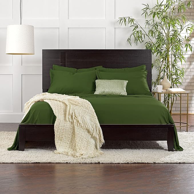 Pure Bamboo Queen Sheets, Genuine 100% Organic Viscose Derived from Bamboo Bed Sheet Set, Luxuriously Soft & Cooling, Double Stitching, 2 Year Quality Promise (Queen, Pesto)