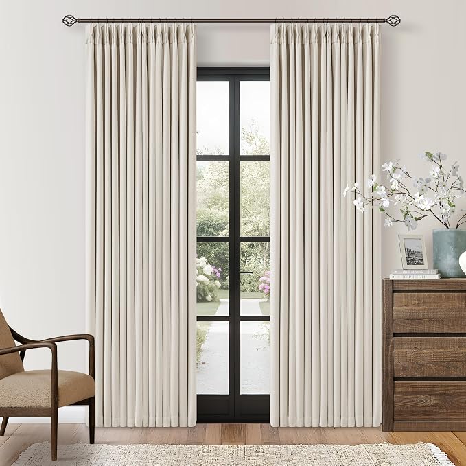 80 Inch Pinch Pleated Linen Black Out Curtains with Liner 2 Panels Natural | 100% Blackout Curtains, Pinch Pleat Dual Layer Drapes, Cream Ivory Drapes for Dining Room Office, for Bedroom Living Room