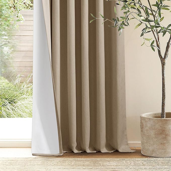 Light Brown Pinch Pleated 100% Blackout Linen Bedroom 96 Inch Curtains | Double Layer Curtains, Pinch Pleat Rings Hooks Back Tab, Black Out Room Darkening, Memory Shape, for Living Room, 2 Panels