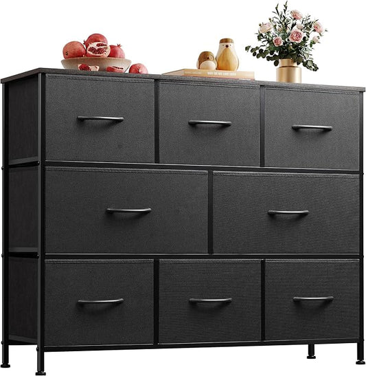 WLIVE Wide Dresser for Bedroom, 8 Drawer Chest of Drawers, Charcoal Black | 8 roomy fabric drawers, Large storage design, Bedroom or living room, Sturdy steel frame, Smooth wood tabletop