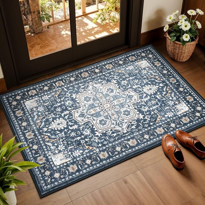 Rugflix 2x3 Entrance Rugs, Washable Navy Blue Entry Small Rug | Machine Washable; Stain-Resistant; Low Pile; Non-Slip; Vintage Printed; Carpet for Bedroom Dining Office Nursery Home