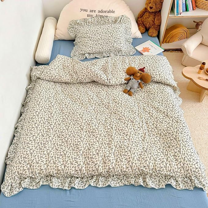 Blue Floral Toddler Kids Duvet Cover for Girls Boys 100% Cotton Muslin Quilt Cover for Toddler Bed Vintage Flower Design Duvet Cover with Ruffles, 47"x59", Pillow Case Not Included