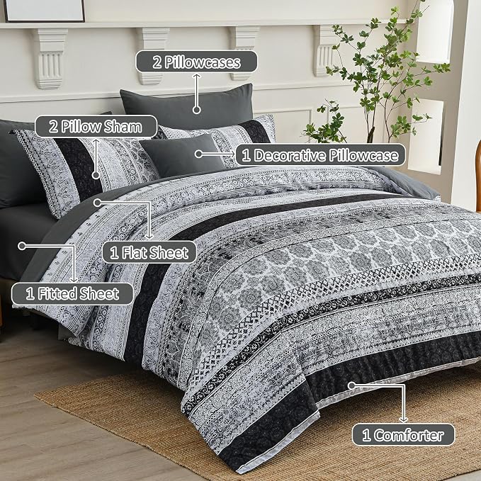 Cottolester Boho King Size Comforter Set 8 Pieces,Gray Bohemian Striped Bed in a Bag,Floral Soft Microfiber Bedding Comforter Set