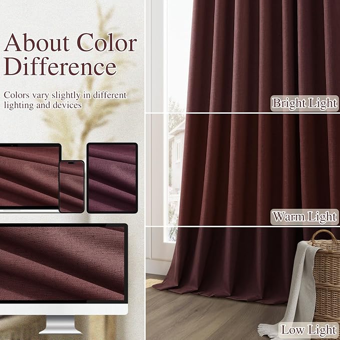 100% Blackout Curtains 84 Inch Length 2 Panels Set for Living Room Bedroom Back Tab Thermal Insulated Black Out Linen Drapes Room Darkening Reddish Brown,52x84