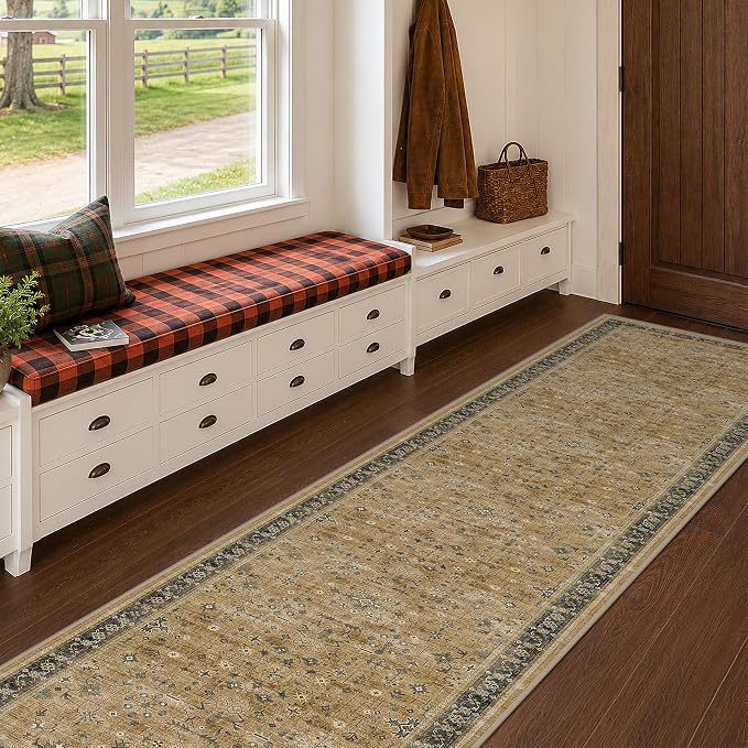 Vintage 2x8 Runner Rug for Hallway, Boho Long Runner Rug for Kitchen, Bathroom, Non-Slip Low-Pile Washable Stain Resistant, Rustic Brown and Charcoal Olive Earthy Décor