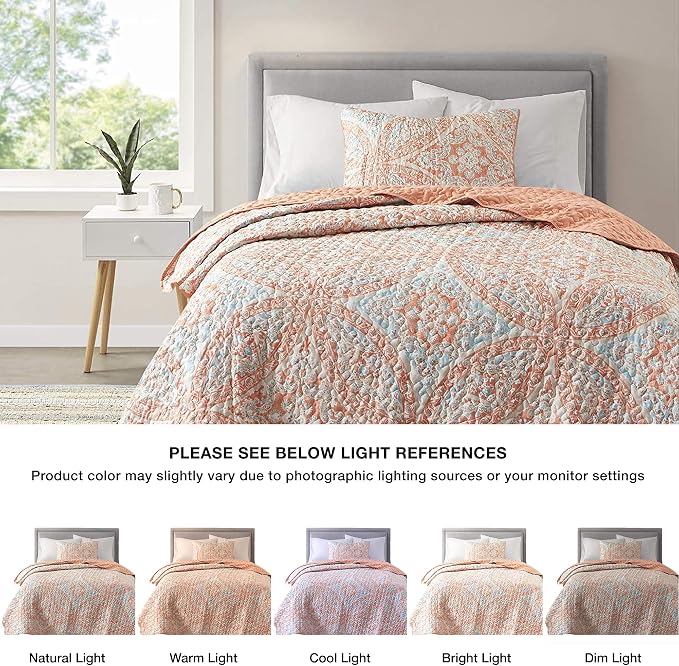 Comfort Spaces Gloria Boho Twin XL Quilt Set 2 Piece for Summer Coral | Reversible Coverlet Bedspread, Soft All Season, Medallion Pattern, Winter Layer with Shams Modern Lightweight, Cozy Comfort