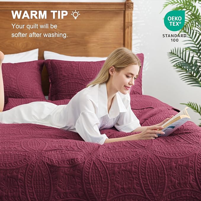 Love's cabin Oversized King Size Quilt Bedding Set Burgundy Bedspreads - Oversized King Lightweight Bedspread Comforter - Coin Pattern Coverlet for All Season - 3 Pieces (1 Quilt, 2 Pillow Shams)