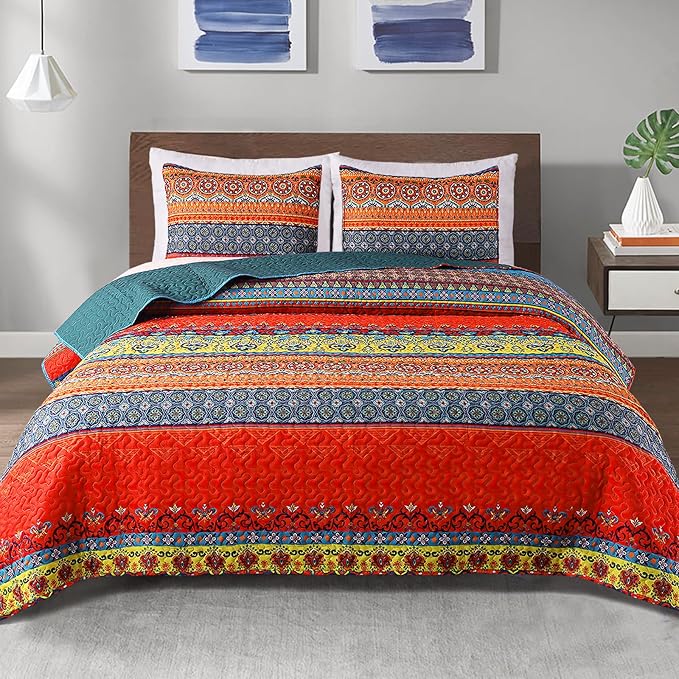 Exclusivo Mezcla Reversible Boho Quilt King Size Blue | Lightweight Soft Bedspreads, All Season Bohemian Coverlet Bedding Set, Printed Floral Pattern, 1 Quilt and 2 Pillow Shams