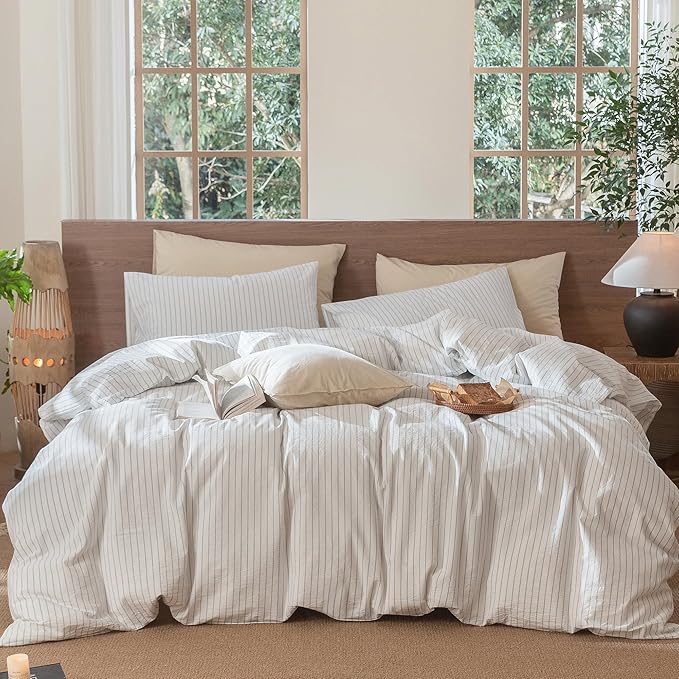 MooMee Striped Duvet Cover Set 100% Washed Cotton Linen Like Oversized King | Relaxed Linen-like Texture. Soft, Breathable & Long-lasting Comfort. Lightweight. Hidden Zipper with 8 Interior Corner Ties