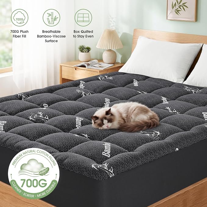 Mattress Pad King Size, Cooling Pillow Top Mattress Topper, Ultra Soft Viscose from Bamboo, Breathable for Hot Sleepers, Deep Pocket 8"-20", Black