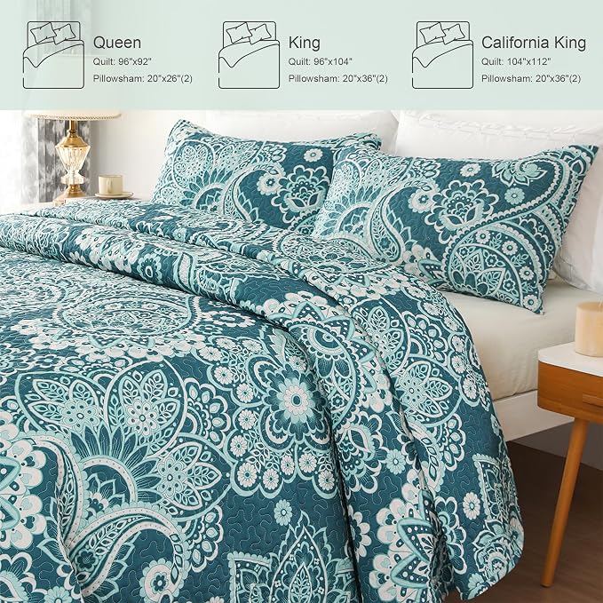 Whale Flotilla California King Size Quilt Set, Soft Boho Paisley Bedspreads | Reversible Lightweight Oversized Quilt Bedding Set for Bed, Turquoise Printed Coverlets with 2 Pillow Shams for All Seasons