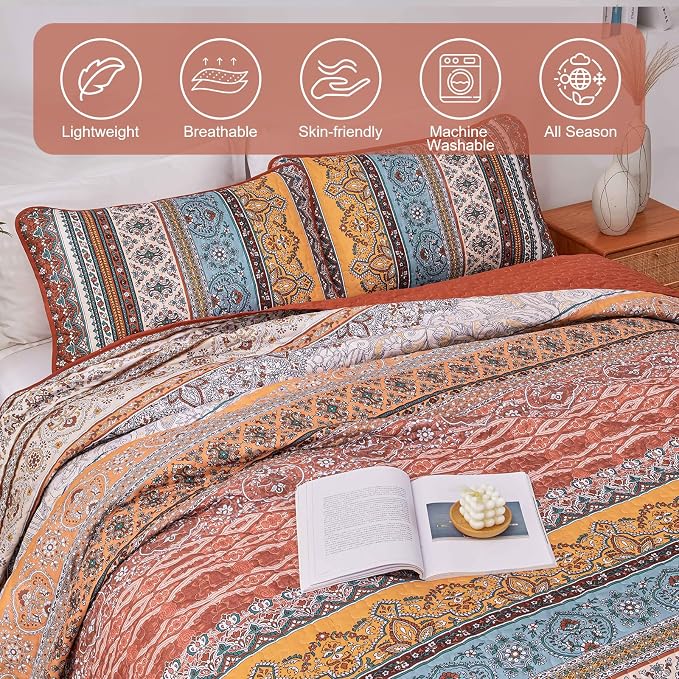 WONGS BEDDING Boho Quilt Queen Size,3 Pcs Bedspread Set, Burnt Orange | Colorful Bohemian Striped Printed Bedding for All Season, Lightweight Microfiber Coverlet Set with 2 Pillowcases(96"x90")