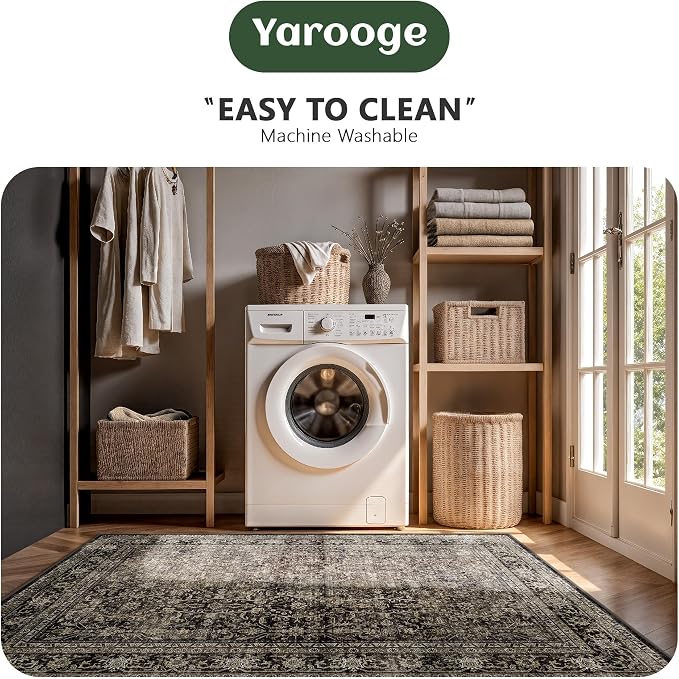 5x7 Area Rugs - Washable Vintage Retro Living Room Rug, Soft Ultra Thin Non Slip Low Pile Traditional Distressed Boho Carpet for Bedroom Dining Room Nursery Home Office, Brown