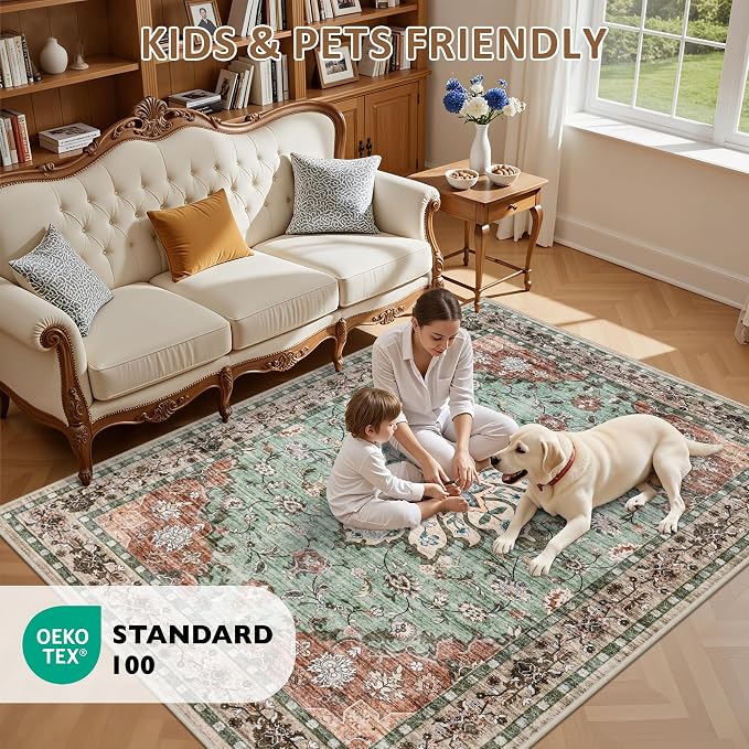 Hallway Runner Rug: 2.6x8 Kitchen Rugs for Living Room Brown Green | Runner Rug Hallway Washable Rug No Slip Soft Bedroom Rug Indoor Floor Stain Resistant Carpets for Entryway, Laundry, Bathroom