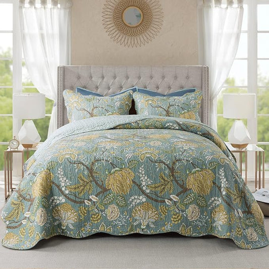 Bedspread Quilt Sets-Reversible Patchwork Coverlet Set, Green Floral Pattern, King Size