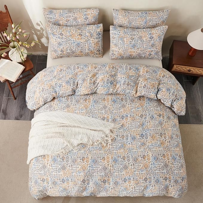 King Comforter Set Boho Soft 3 Pieces Chic Retro Boho Print Bohemian Comforter for All Seasons Luxury Warmth Comfy Breathable with 2 Pillowcases