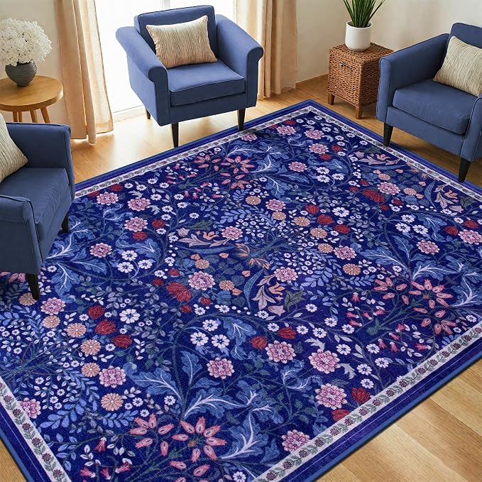 PLHXFR Area Rug Living Room: 5x7 Floral Washable Boho Soft Carpet Blue | For Bedroom Dining Room Farmhouse Nursery Hallway,Vintage Floral,Machine washable,Non Slip,Stain Resistant,Large Indoor