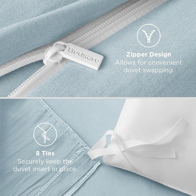 Bedsure Prewashed Duvet Cover Queen, Cotton-Like Bedding Set, Baby Blue | Ultra Soft, Relaxed Texture, Breathable Comfort, Hidden Zipper, 8 Corner Ties, Easy Care, OEKO-TEX Certified, Year-Round Use