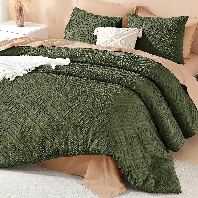 Litanika Super King Size Comforter Set, 3 Pcs Tufted Boho Bedding Set | Olive Green Farmhouse Shabby Chic Vintage Bohemian Textured Aesthetic Soft Fluffy Lightweight Breathable All Season Bed Set