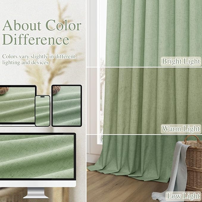 Blackout Curtains 80 Inch Length 2 Panels Set for Living Room Bedroom Back Tab Thermal Insulated 100% Black Out Linen Drapes Room Darkening Window Curtains 80 Inches Long,Light Sage