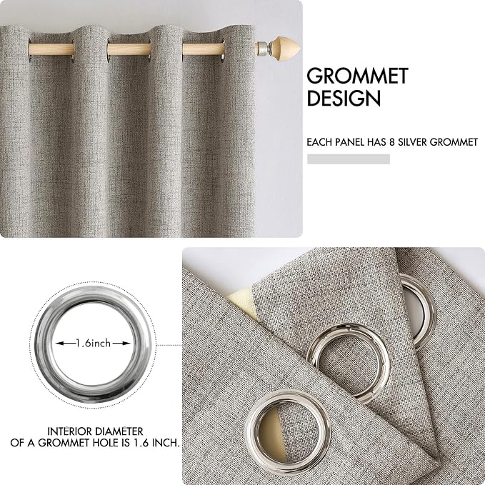 MIULEE 100% Blackout Linen Curtains for Bedroom 52x45 Inches Greige | Room Darkening, Light Blocking, Thermal Insulated, Grommet Top, Linen Textured, Window Curtains for Living Room, 2 Panels