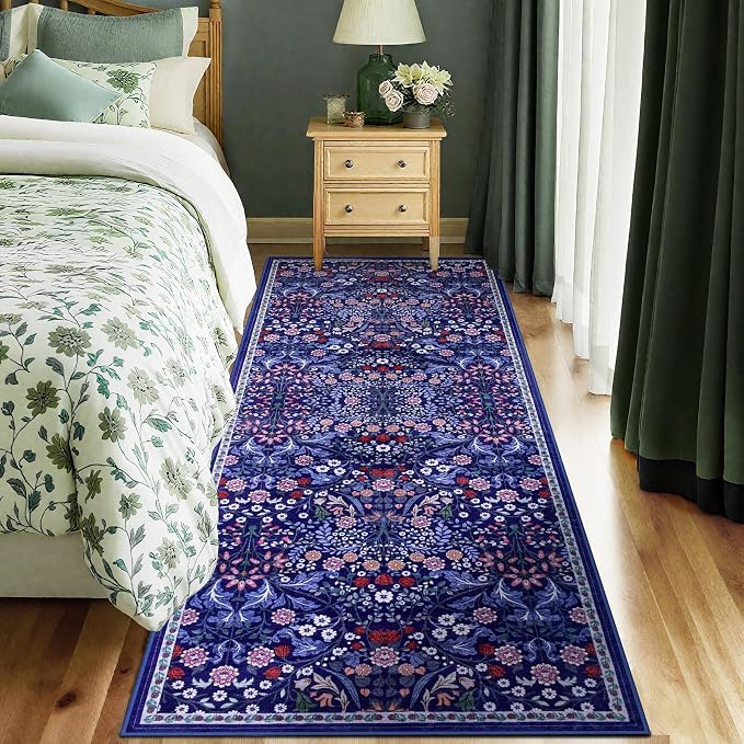 PLHXFR 2x6 Washable Runner Rug：Floral Indoor Kitchen Soft Carpet Blue | For Hallway Bedroom Kitchen Laundry Bathroom Dorm,Vintage Floral,Machine washable,Non Slip,Stain Resistant,Indoor Floor