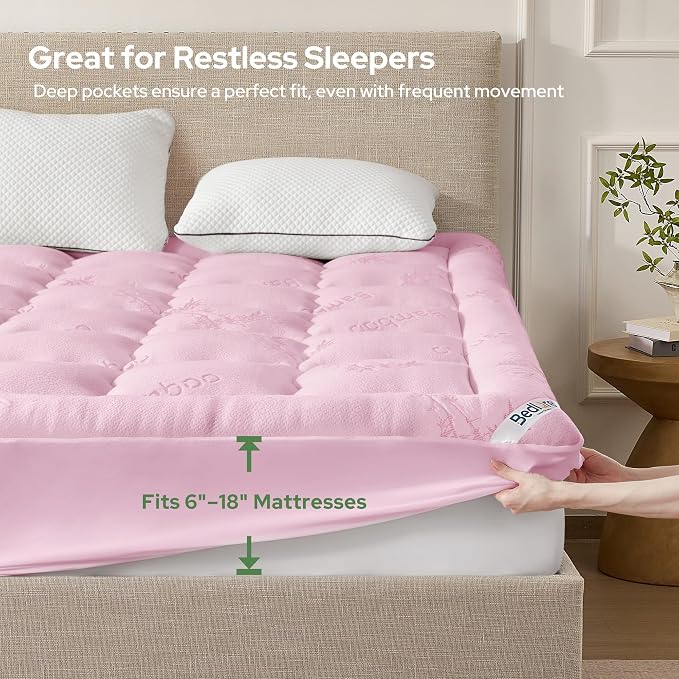 BEDLORE California King Mattress Topper, Thick Pillow Top Mattress Pad | Deep Pockets Fit 6"-18" Mattress, Soft Breathable Mattress Topper Viscose Bamboo for Back Pain & Hot Sleepers(Pink)