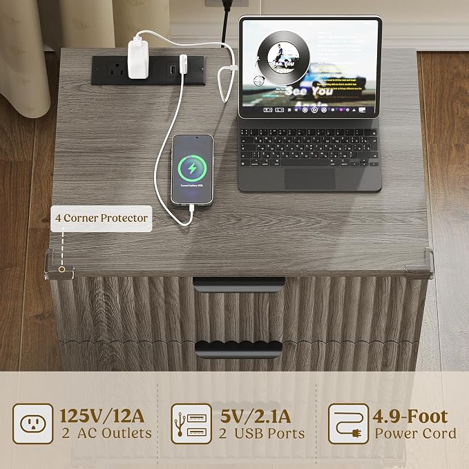Wood Nightstands Set of 2 w/Charging Station, 3 Drawers Fluted Dresser | Dark Grey, Large Drawers, Metal Silent Rails, FSC Wooden, Sturdy Legs, Modern Fluted Panel, Living Room, Bedside Table