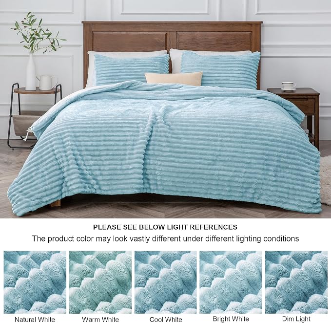 BEDELITE Fleece Oversized Queen Comforter Set, Fluffy Bed Set, Grey Blue | Super Soft & Warm Bedding, Luxury Fuzzy Faux Fur Comforter for Winter, Heavy Plush Bedding, with 2 Pillowcases
