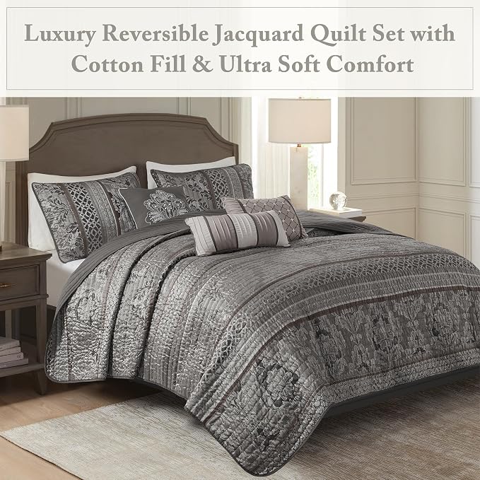 Madison Park Traditional Damask Jacquard Quilt Set, 6PC Full/Queen Coverlet | ll Season, Lightweight Coverlet Bedspread Bedding Set, Matching Shams, Pillows, Grey