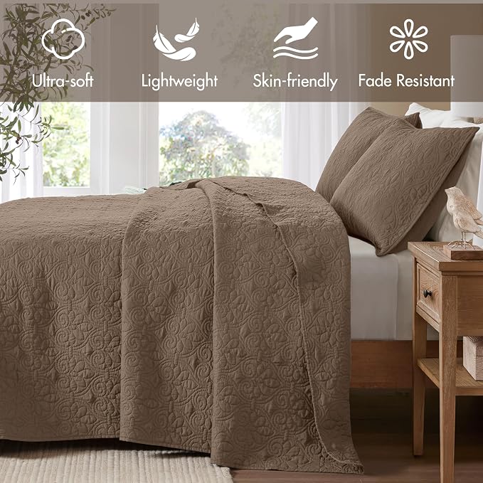 Madison Park King Quilt Bedding Set, Cottage-Inspired Damask, 3PC | All Season Quilted Coverlet, Classic Stitch Pattern Bedspread & Shams, Ultra Soft Microfiber Bedspread Set, Mocha