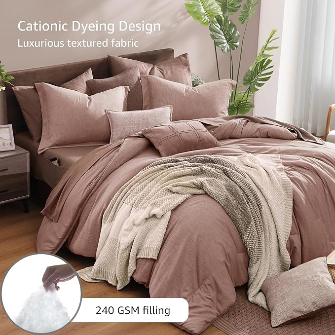 Monbix Full Comforter Set 7 Pieces Dusty Pink Cationic Dyeing Bed in a Bag | Lightweight Reversible All Season Bedding Sets with Comforter, Sheets, Pillowcases & Shams