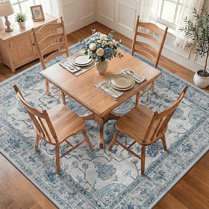 RELEANY Washable Area Rug, Square 8'x8', Blue/White/Gray | Non-Slip, Water Repellent, Pet Friendly, Easy to Clean, Vintage Floral Boho Decor for Living Room Bedroom Dining Room Office