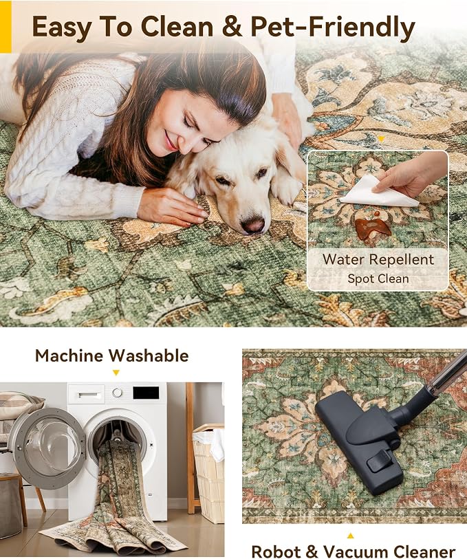 RELEANY Washable Area Rug, Square 8'x8', Brick/Brown/Green | Non-Slip, Water Repellent, Pet Friendly, Easy to Clean, Vintage Floral Boho Decor for Living Room Bedroom Dining Room Office