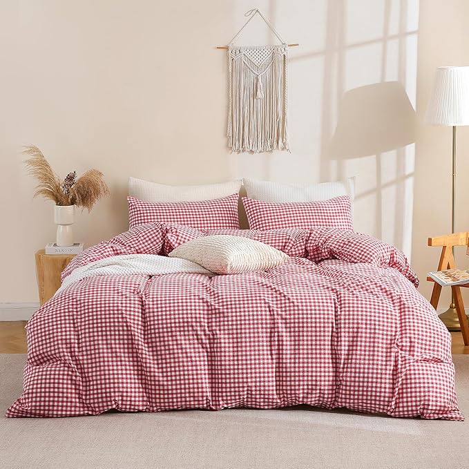 TOCOMOA Red Gingham Duvet Cover Set 100% Washed Cotton Like Linen, Queen | Linen-Like Feel Soft, Breathable & Comfy for All Season. Lightweight Bedding Set with Zipper & 8 Ties. 3 Pcs, No Insert