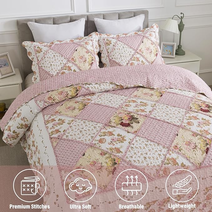 Quilt Set King Size, Bedspread Sets Pink Botanical Floral, Reversible Quilt Bedding Set Lightweight and Breathable for All Seasons, Soft Quilted Bedspread with 2 Pillow Shams