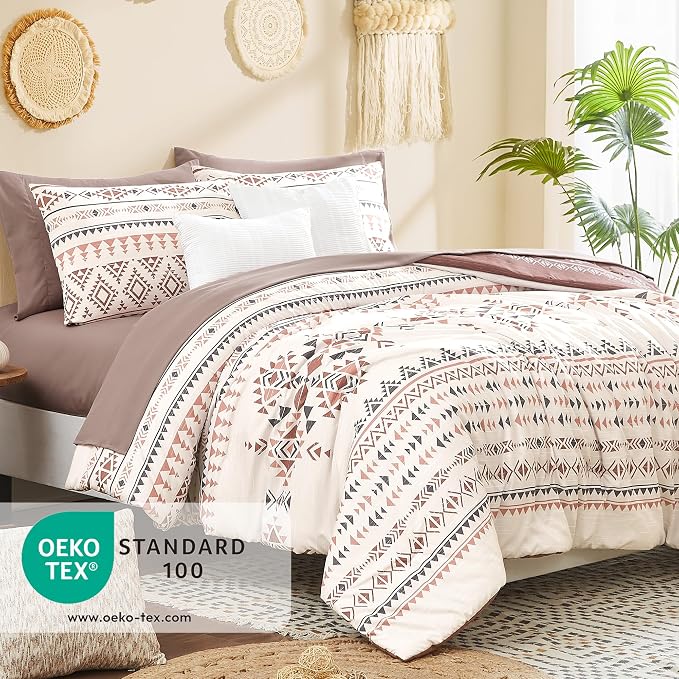 King Size Comforter Set - 7 Pieces Western Bedding Reversible Bed in a Bag | Boho Bedding, All Season Aztec Bed Set with Comforter, Sheets, Pillowcases & Shams, Burgundy