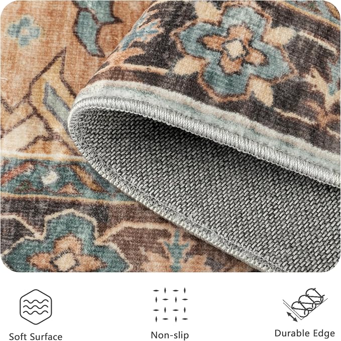 8x10 Area Rugs, Vintage Retro Soft Washable Rug, Non-Slip Low Pile Rugs for Living Room, Bedroom, Dining Room, Stain Resistant Home Decor Rug (Vintage Orange/Brick)