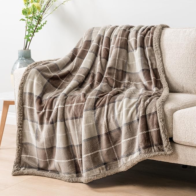 PAVILIA Twin Plaid Sherpa Throw Blanket for Couch Sofa Bed, Taupe, 60x80 | GSM 460; Soft Plush Flannel Fleece; Warm&Cozy for Home; Machine Washable, Perfect Cabin Decor Winter Holiday Christmas Gift