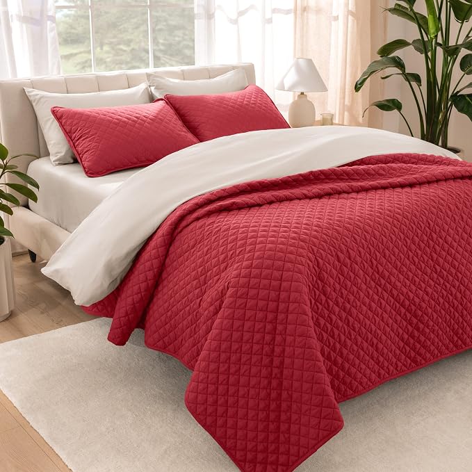 Bare Home Coverlet Set - Full/Queen - Lightweight Bed Decor - Comforter Alternative - All-Season Quilted Bedspread (Full/Queen, Red)