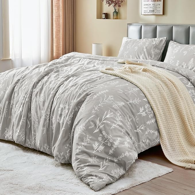 MUXHOMO Duvet Cover King Size, Reversible Floral Silver Gray Duvet Cover Set with Zipper Closure, 3 Pieces Botanical Patterns Soft Microfiber Bedding Set with 4 Ties (90"x104", 2 Pillow Cases)