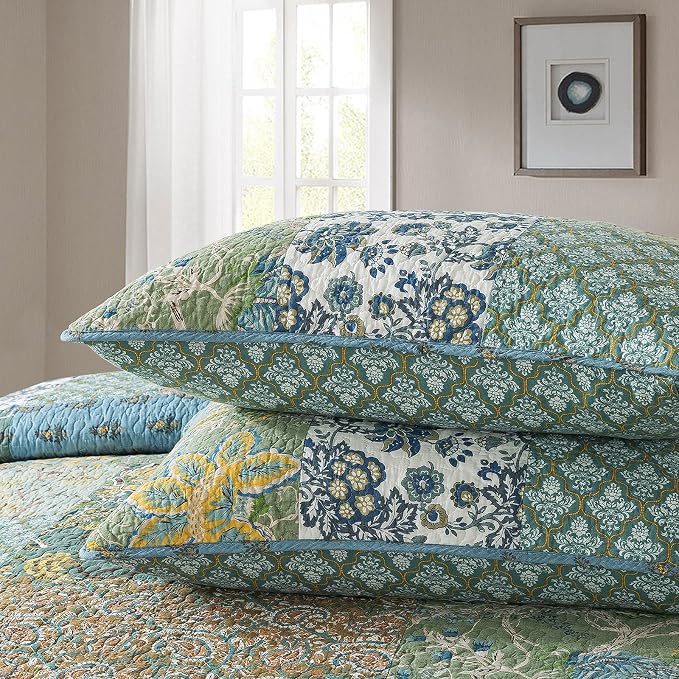Cotton Patchwork Bedspread, 3-Piece Bedding Quilt Set with Real Stitched Embroidery, Reversible Matelasse Bed Coverlet Set,Green Farmhouse Garden,King Size