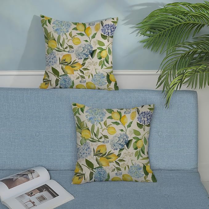 Blue Yellow Pillow Covers 24x24 Inch 2 Pcs Blue Hydrangea Floral Decor Throw Pillows Vintage Lemon Flower Seasonal Summer Outdoor Decoration Pillowcase Linen Cushion Cover for Couch Sofa