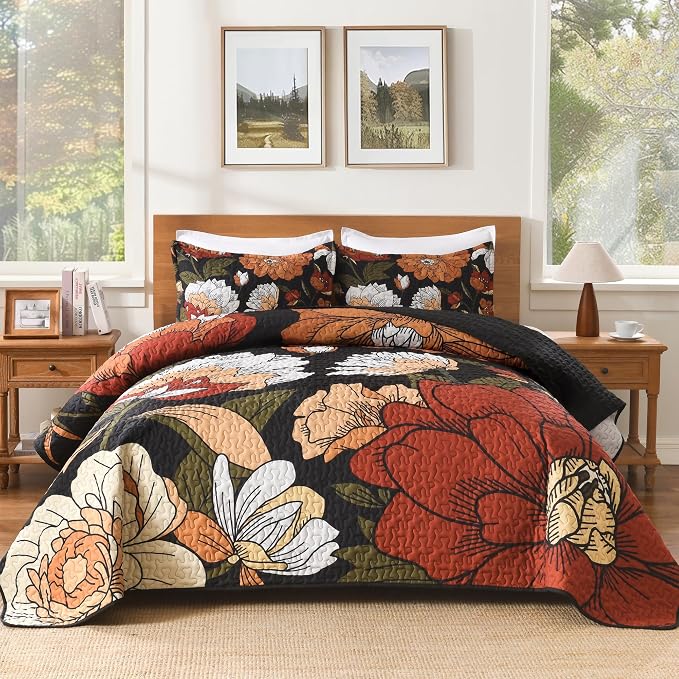 Andency California King Quilt, Cal King Oversized Black Floral Bedspread | 3 Pieces Brown Boho Summer Flower Botanical Summer Bedspreads with 2 Shams, Reversible Polyester for All Seasons, 112"x104"